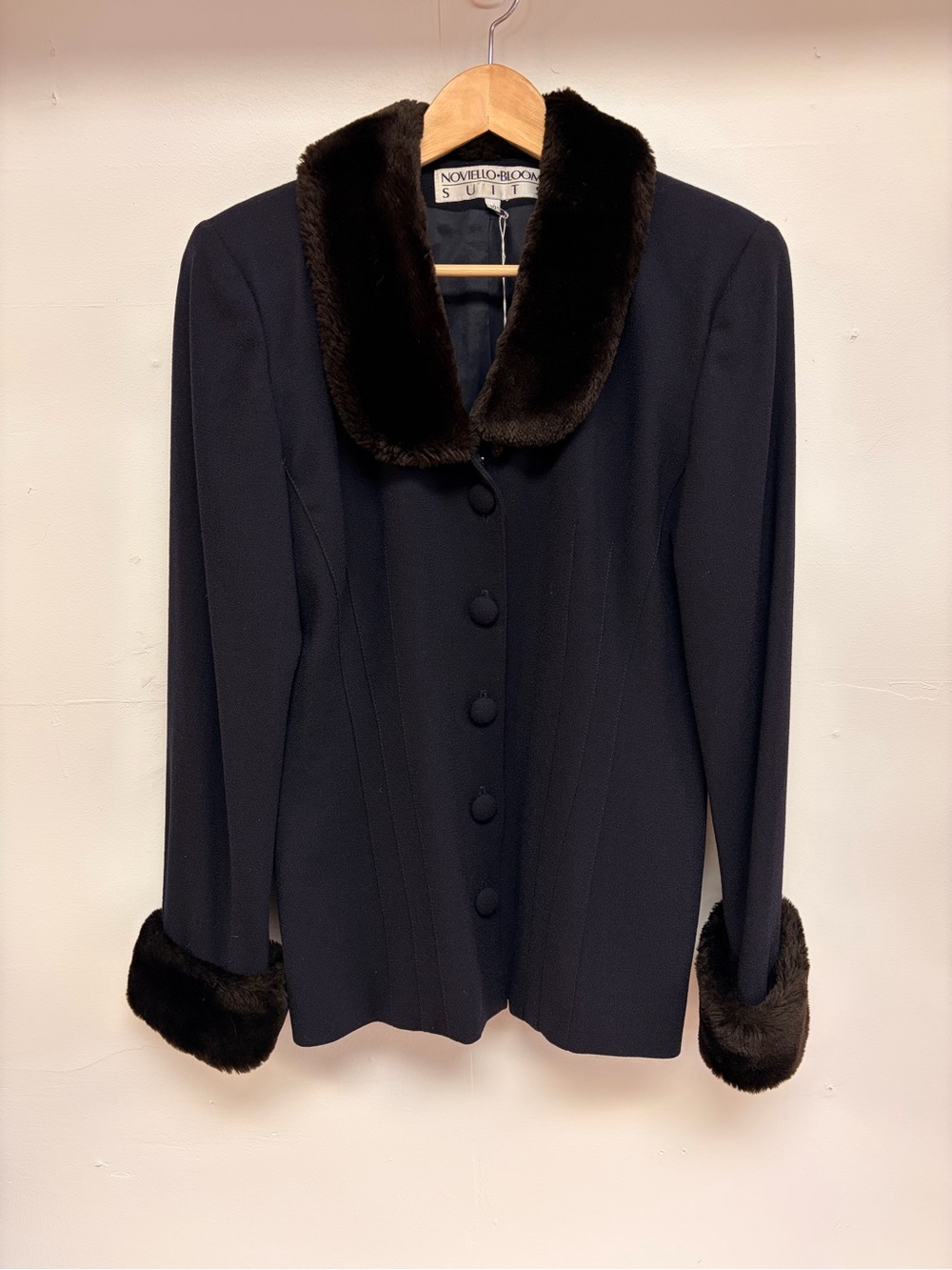 Vintage 1980’s navy fitted blazer with brown faux fur collar & sleeve hem